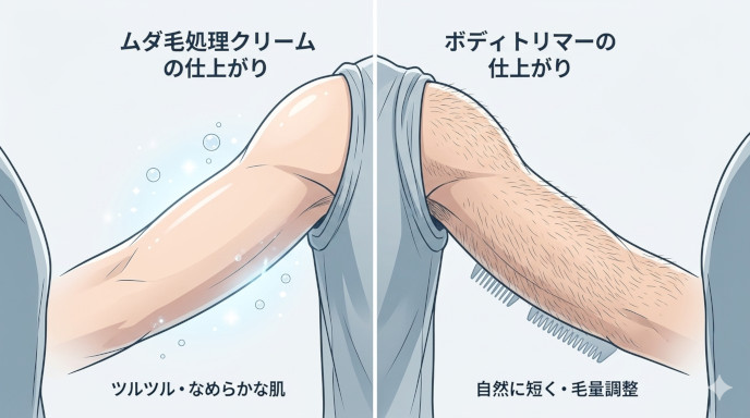 除毛クリーム（ツルツル）とボディトリマー（自然な減毛）の仕上がり比較イメージ